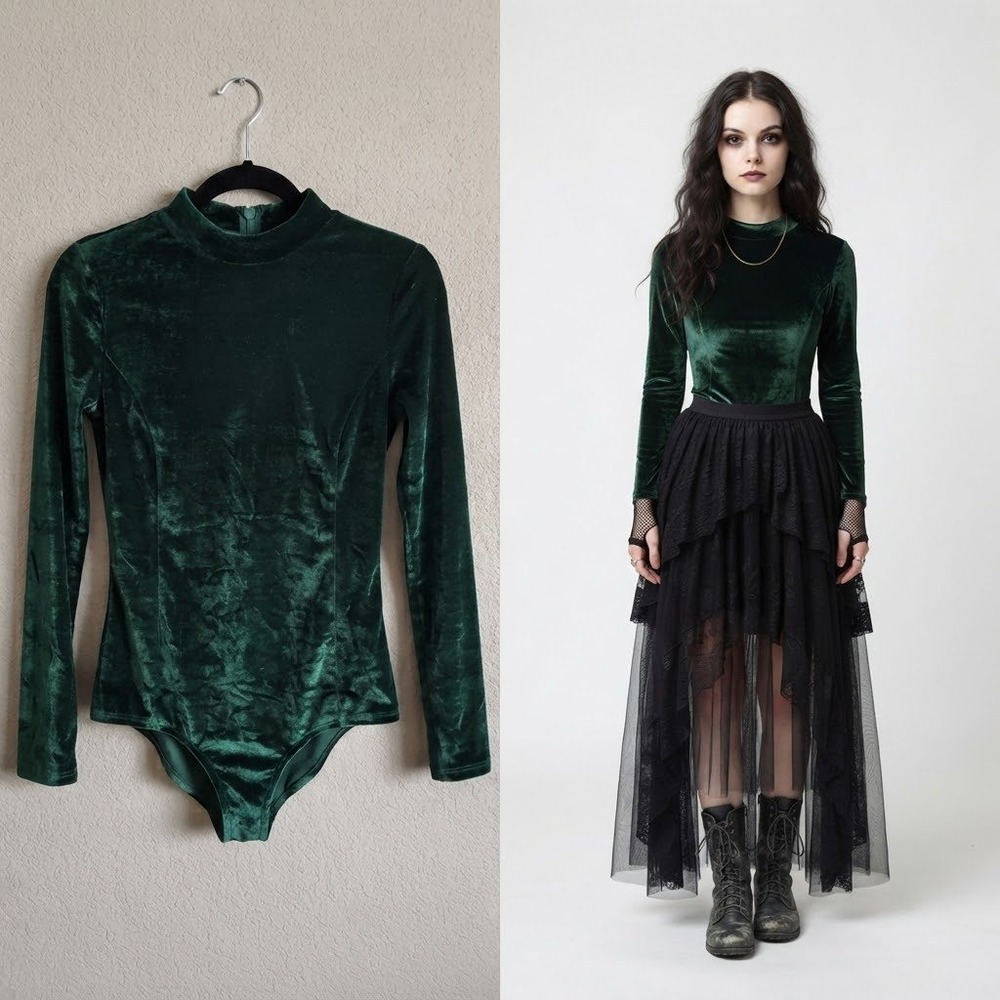 Velvet Long Sleeve Bodysuit Womens 12 Emerald Green Goth Witchy Whimsigoth Fairy